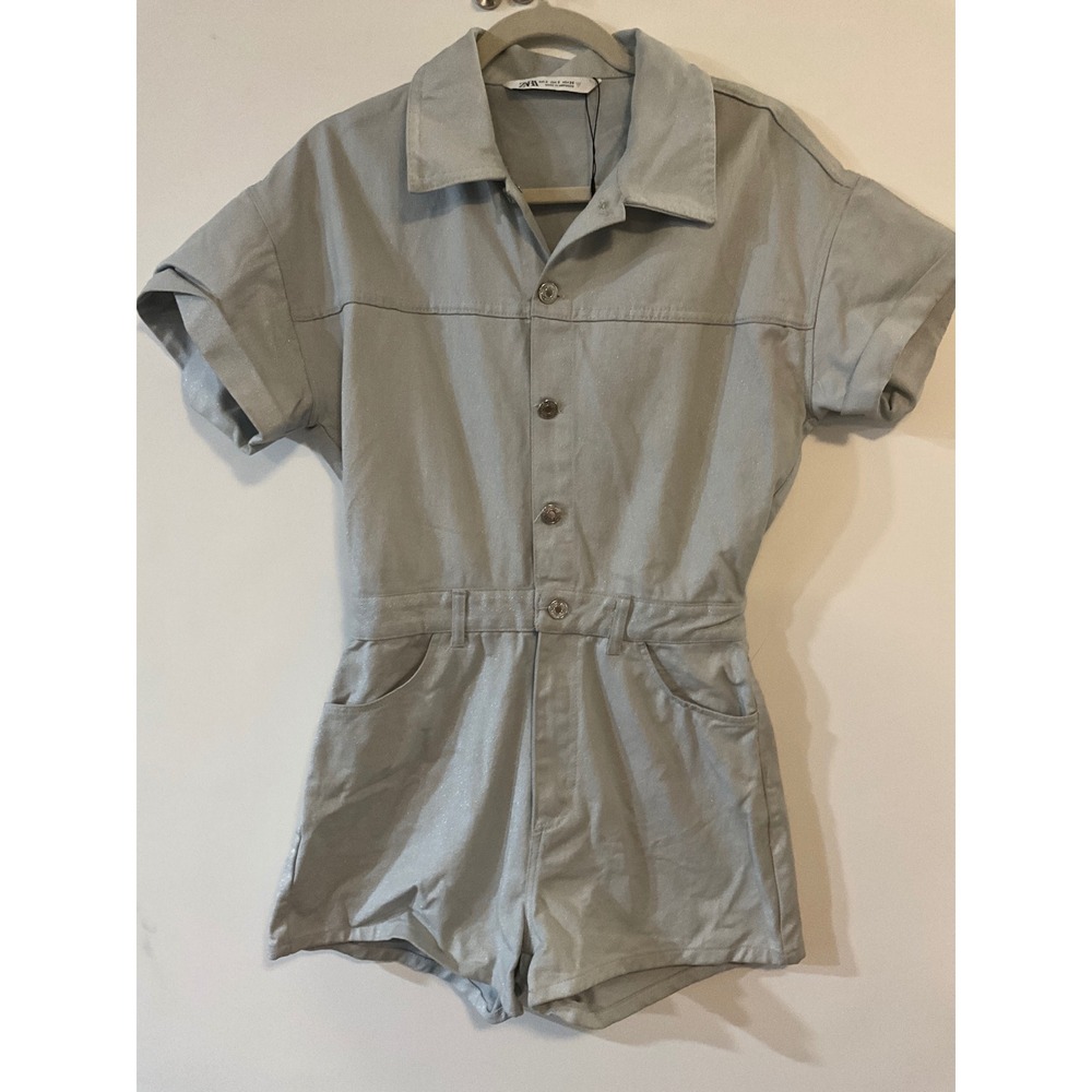 Zara Light Blue Metallic Shimmer Short Sleeve romper few stain